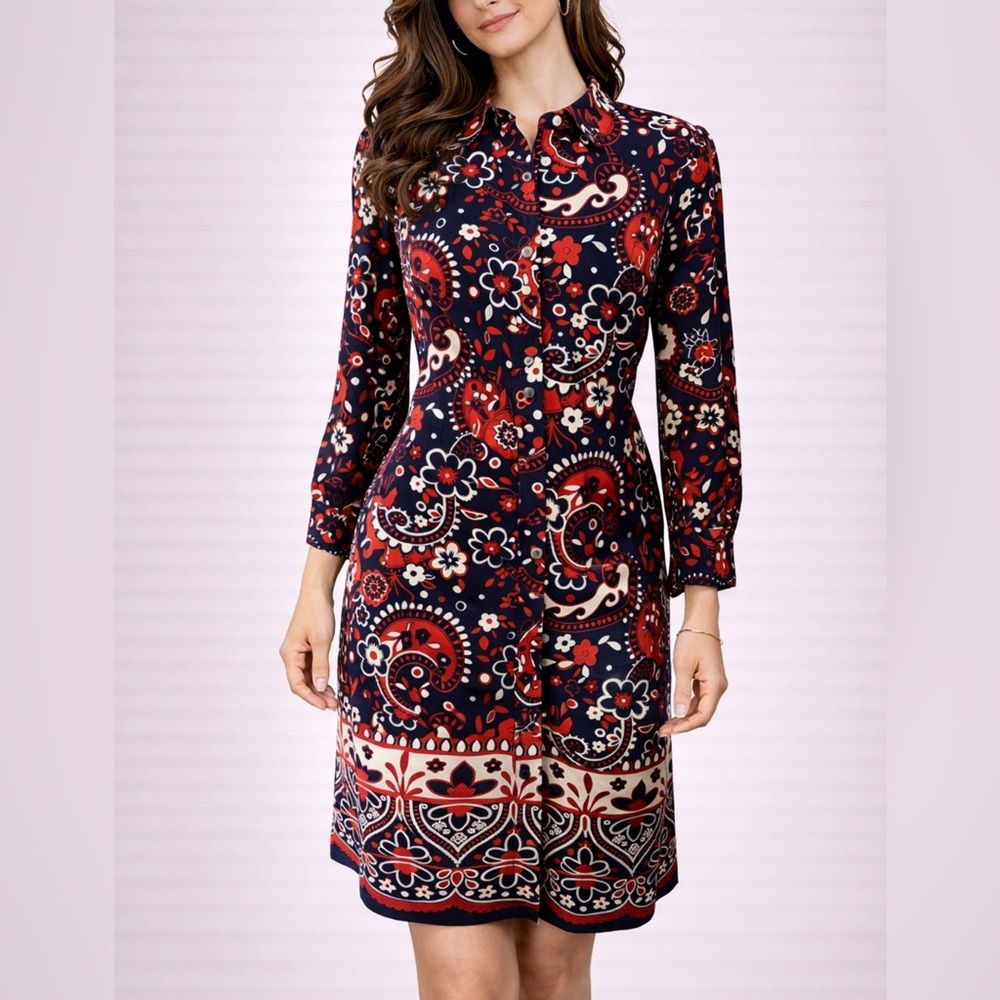 Talbots Shirt Dress 10 Red Off White Paisley Black Cotton Washable Long Sleeve